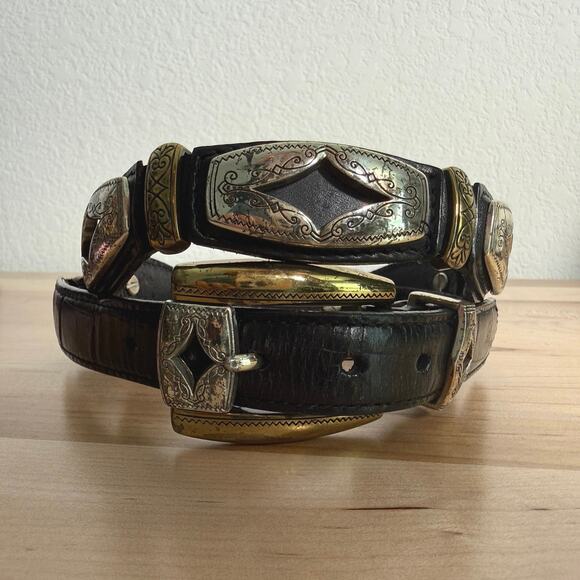 Brighton Accessories - Brighton Reversible Concho Belt Black Leather Mixed Metal Western 35” Medium
